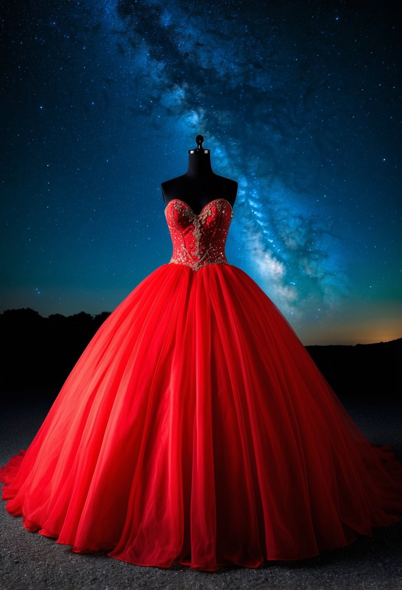 A flowing red ball gown silhouette against a starry night sky