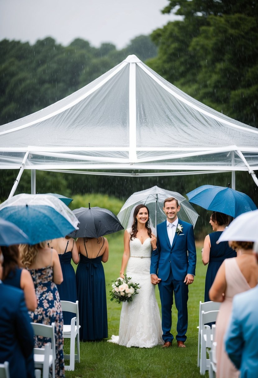 A couple stands under a clear tent at an outdoor wedding as the rain pours down. The guests huddle under umbrellas, while the couple remains dry and smiling