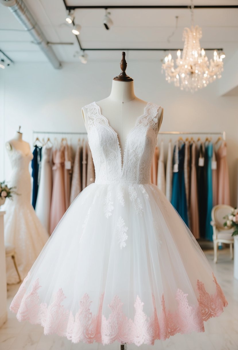 A white lace and pink tulle dress displayed on a mannequin in a bright, airy bridal boutique