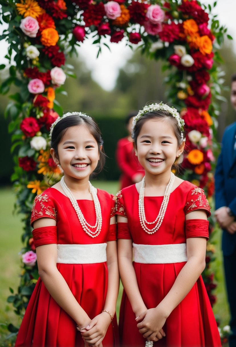 Two young girls in red wedding attire, surrounded by vibrant flowers and greenery, standing together with joyful expressions