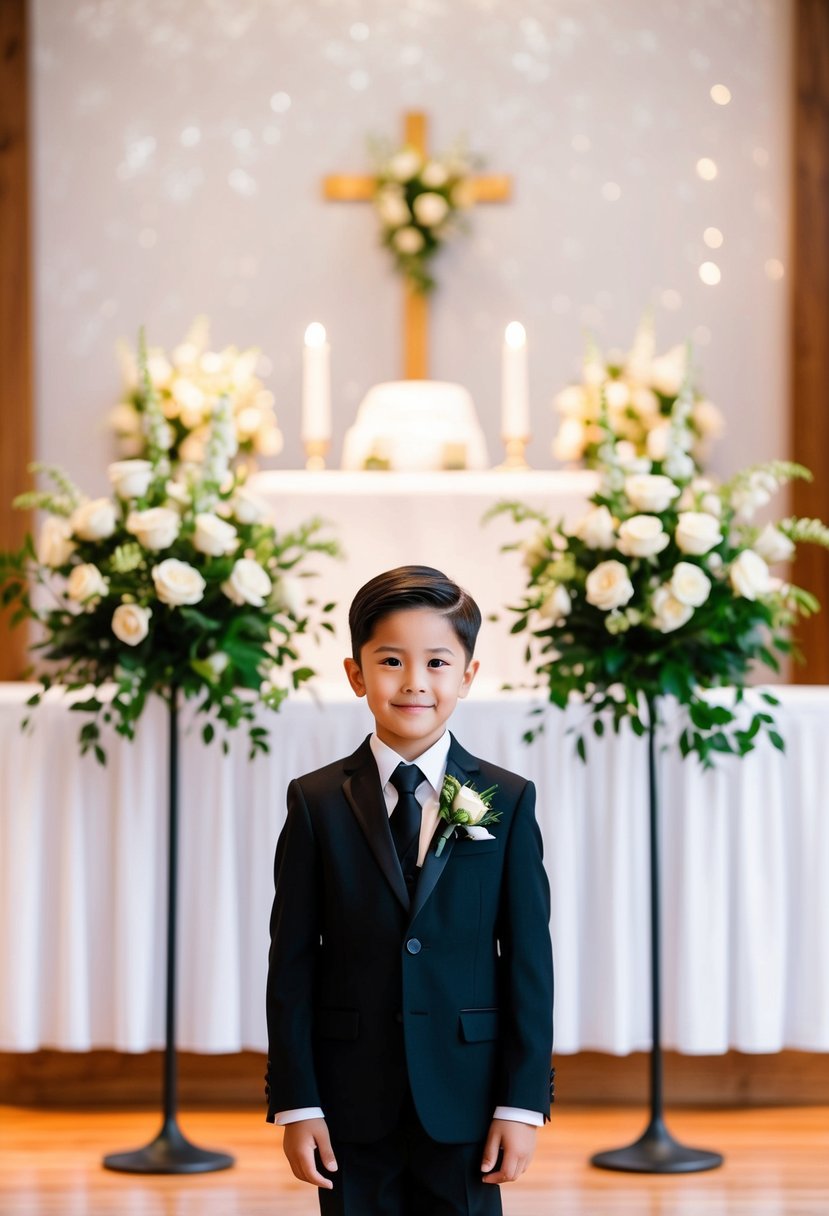 A young boy in a classic black suit stands in front of a wedding altar, with a bouquet of flowers in the background