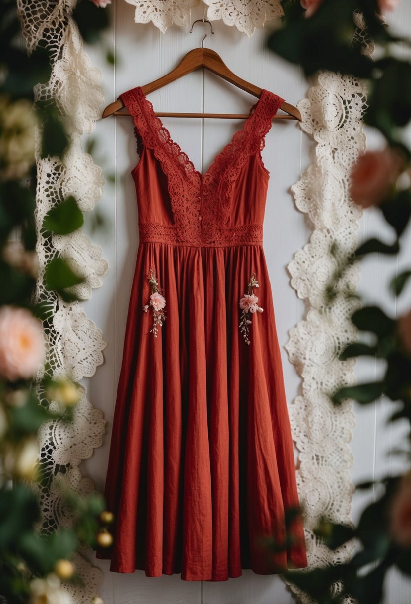 A rustic red dress hangs from a wooden hanger, surrounded by delicate lace and floral details