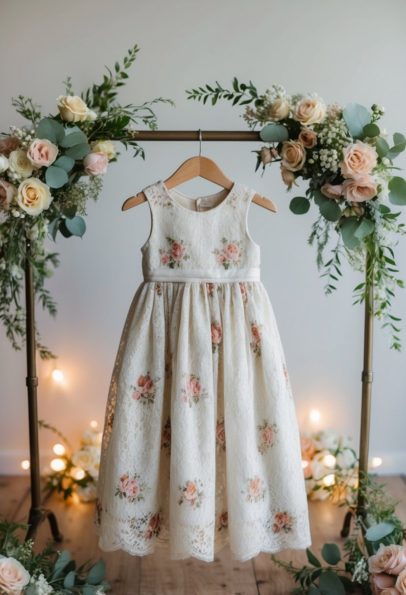 A vintage floral lace dress hanging on a child-sized mannequin, surrounded by delicate flower arrangements and soft lighting