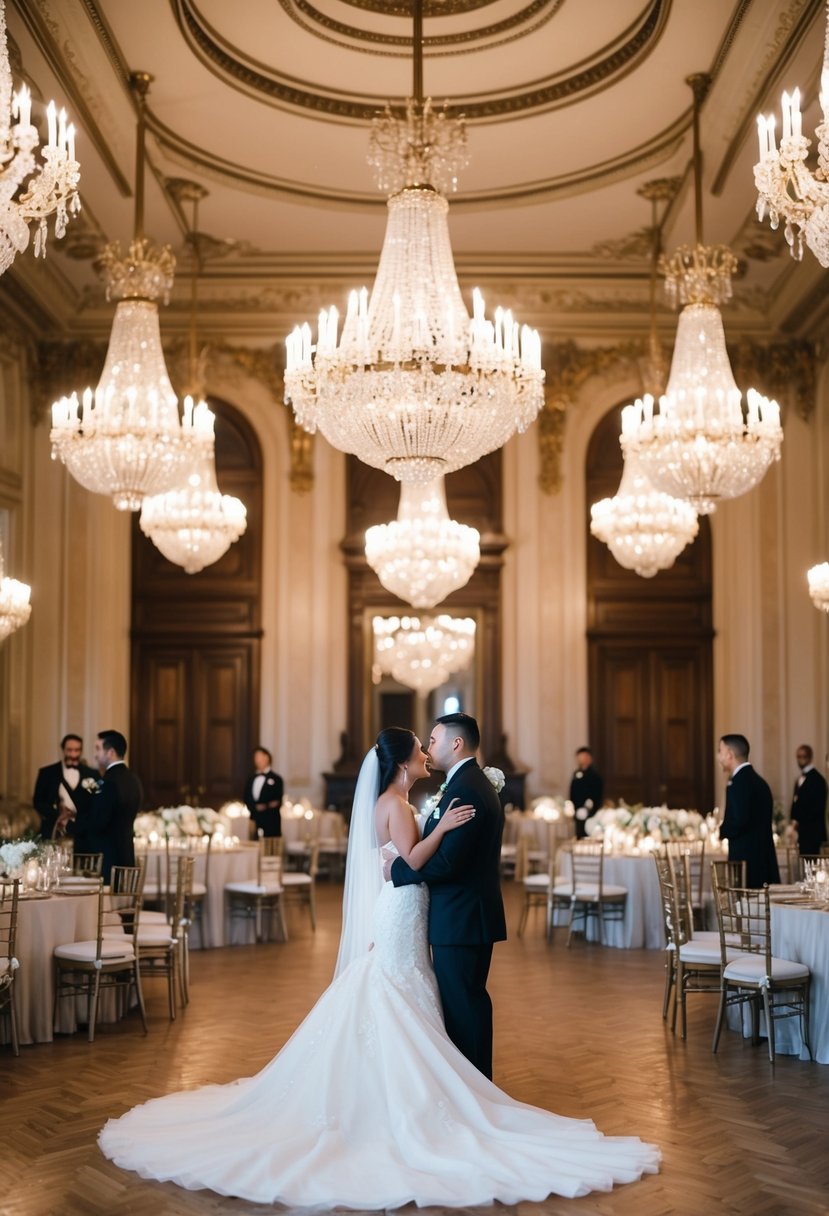 A grand, opulent ballroom with chandeliers and intricate architecture, set for a formal wedding