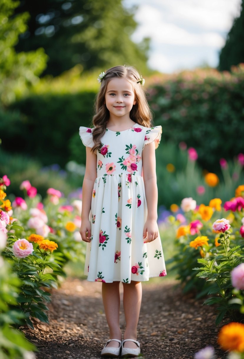 A young girl in a flower-adorned dress with sleeves, standing in a garden surrounded by blooming flowers