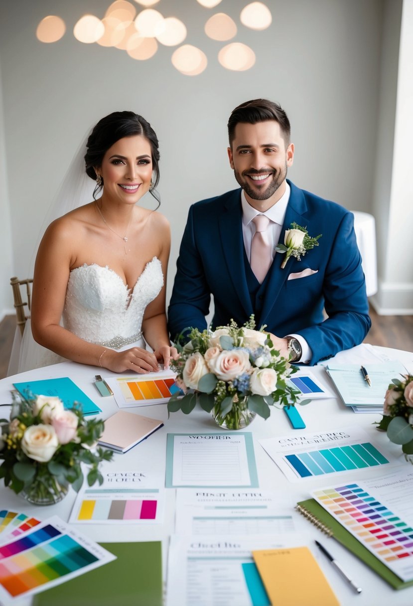 A bride and groom sit at a table covered in wedding planning materials, surrounded by color swatches, flower arrangements, and checklists