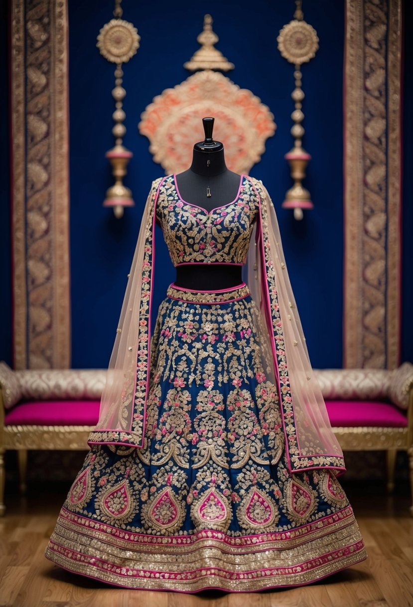 An ornate Indo-Western lehenga displayed on a mannequin, adorned with intricate embroidery and vibrant colors, set against a backdrop of traditional Indian motifs