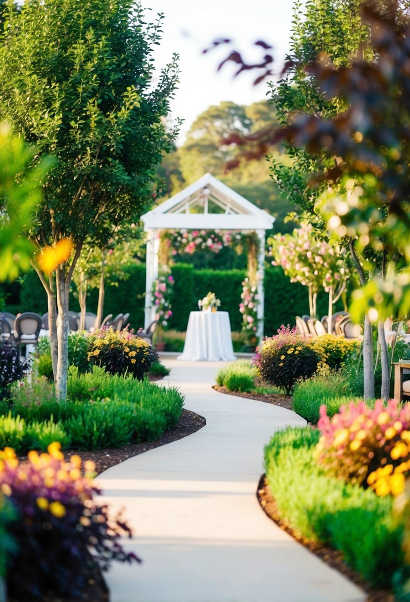 A serene outdoor garden with a winding path leading to a charming reception venue. Lush greenery and colorful flowers surround the area, creating a romantic and inviting atmosphere