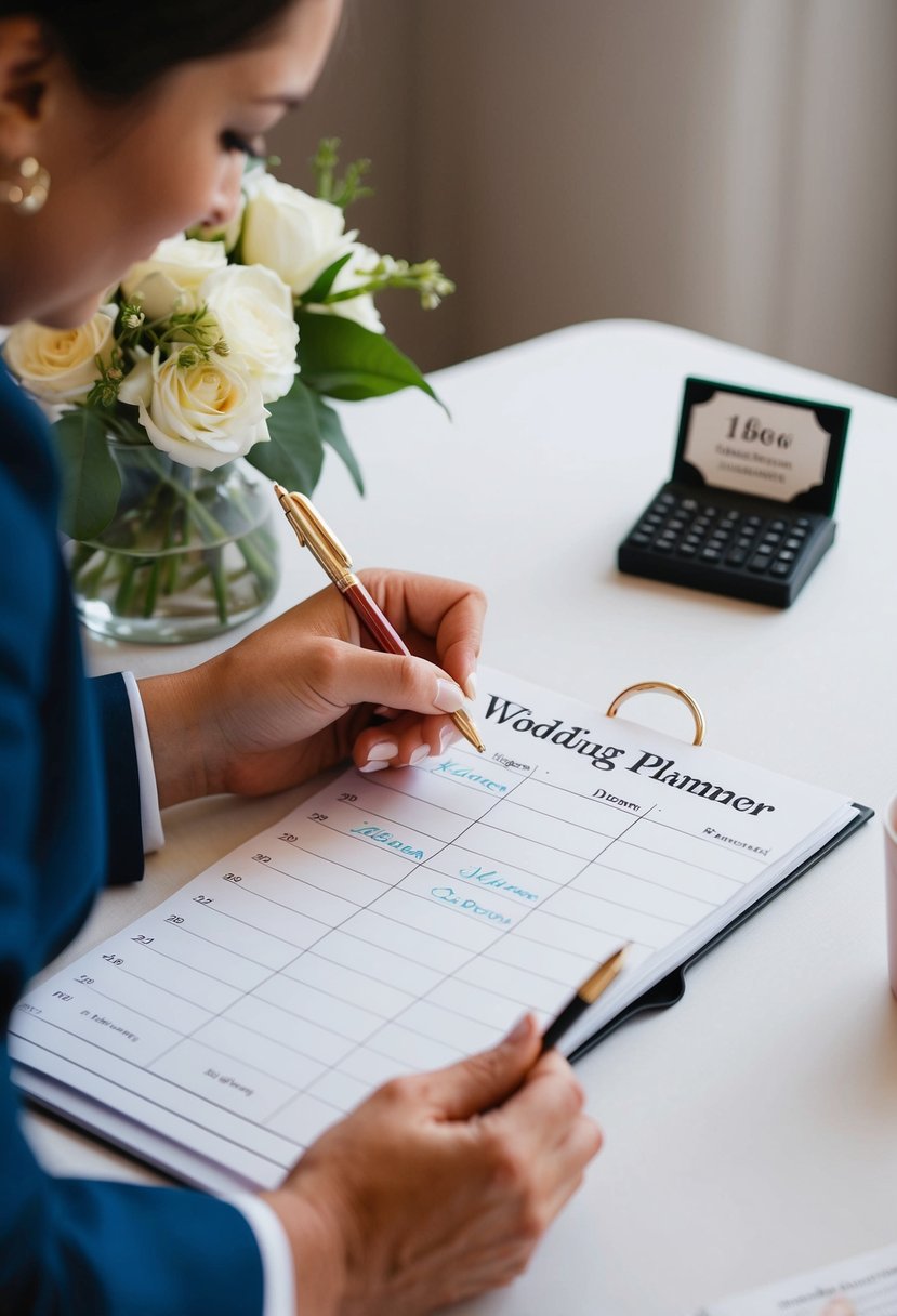 A wedding planner jotting down notes on a calendar, adding time cushions to the schedule