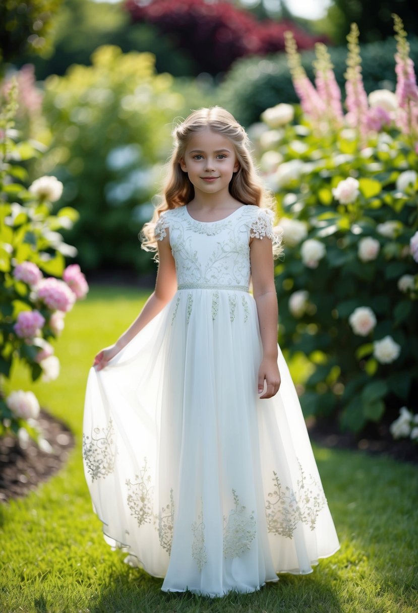 A young girl in a flowing white dress, adorned with delicate lace and intricate embroidery, standing in a garden surrounded by blooming flowers and lush greenery