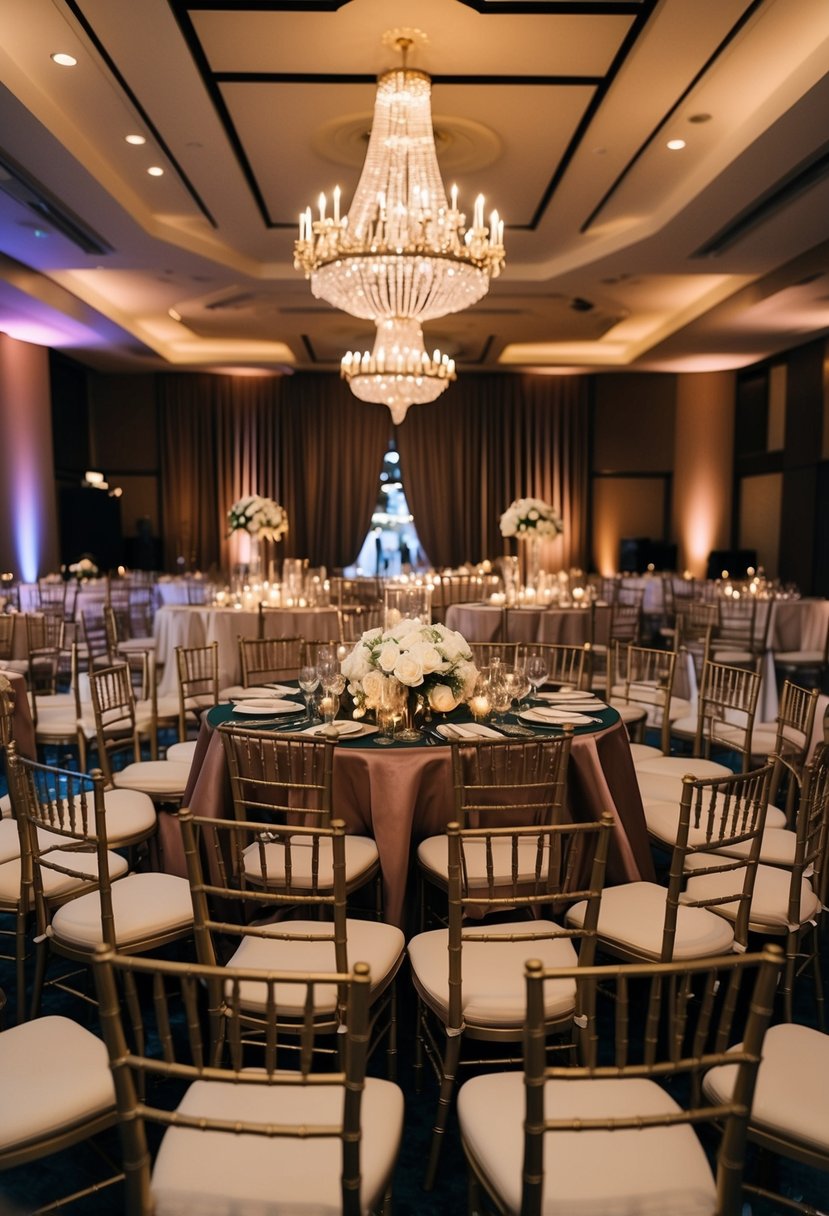 Cabaret-style seating arranged in a circular pattern, with dim lighting and elegant decor, creates an intimate and festive atmosphere for the wedding ceremony