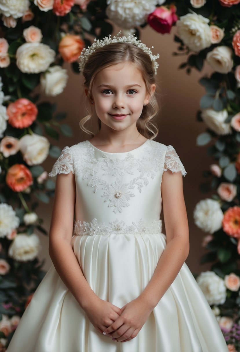 A young girl in an elegant taffeta-style wedding dress, surrounded by flowers and lace