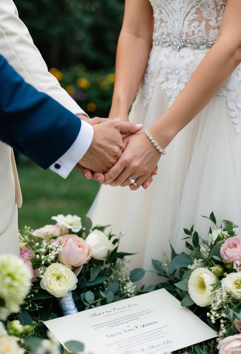 A bride and groom holding hands, surrounded by flowers and wedding decorations, with a blank invitation in the foreground