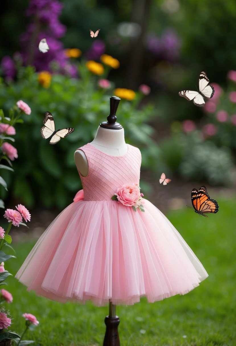 A garden scene with a pink tulle dress on a child mannequin. Flowers and butterflies surround the dress, creating a whimsical and enchanting atmosphere