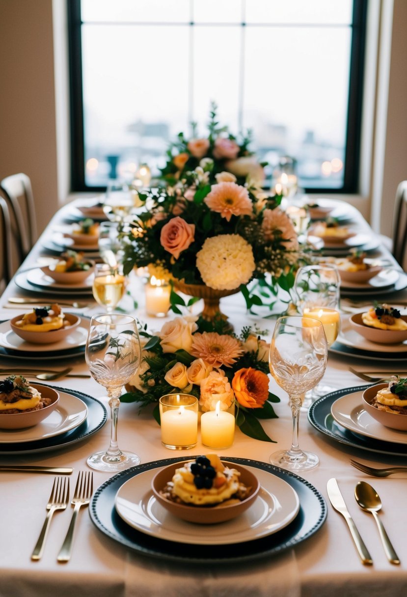 A beautifully set table with elegant place settings and a variety of delicious dishes, surrounded by floral centerpieces and soft candlelight