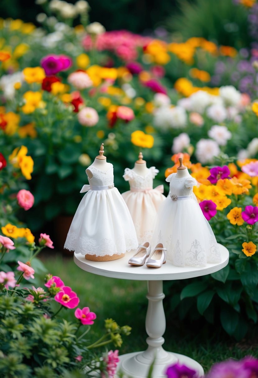 A garden filled with vibrant, blooming flowers. A small table displays miniature wedding dresses for children, adorned with lace and delicate details