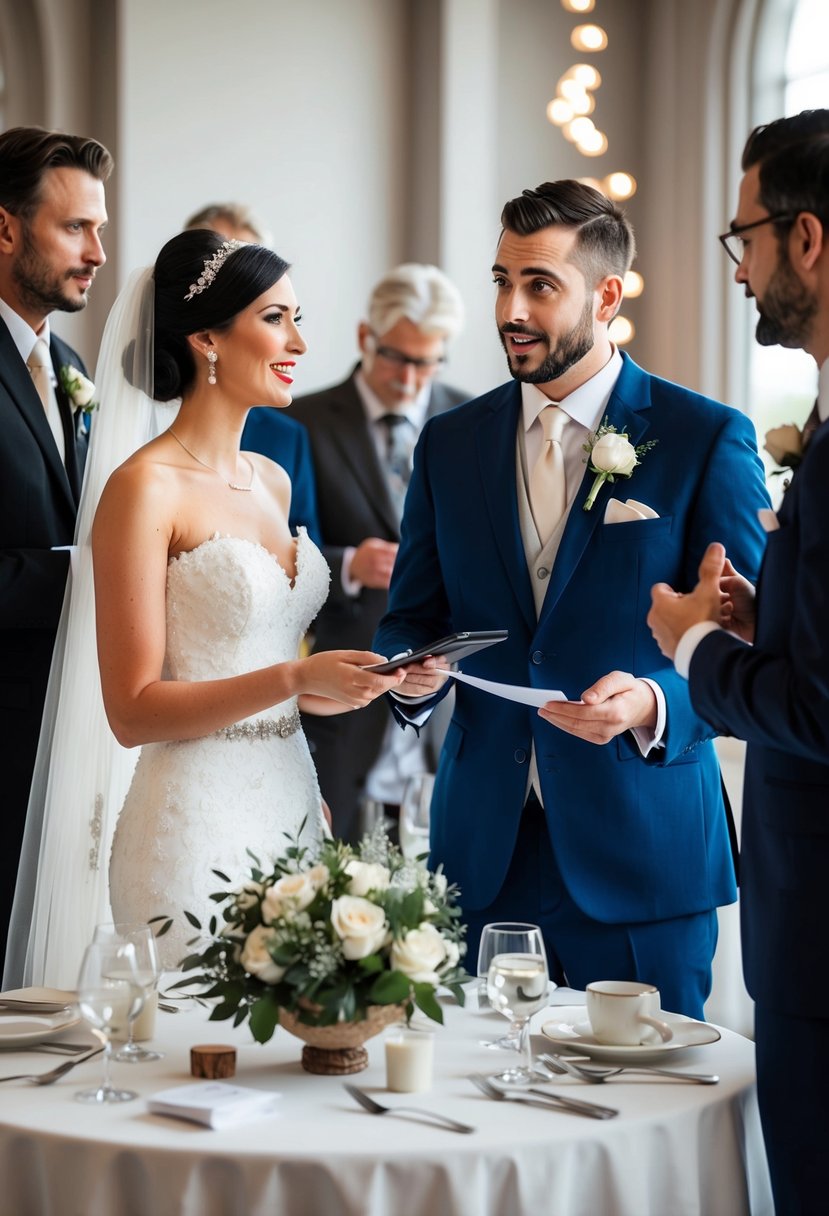 A bride and groom speaking with various vendors, exchanging information and avoiding last-minute surprises for their wedding