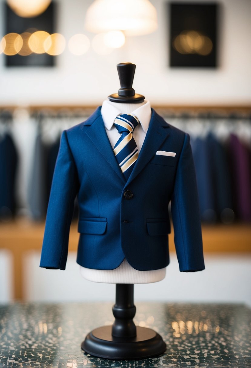 A small two-piece suit and tie set displayed on a miniature mannequin