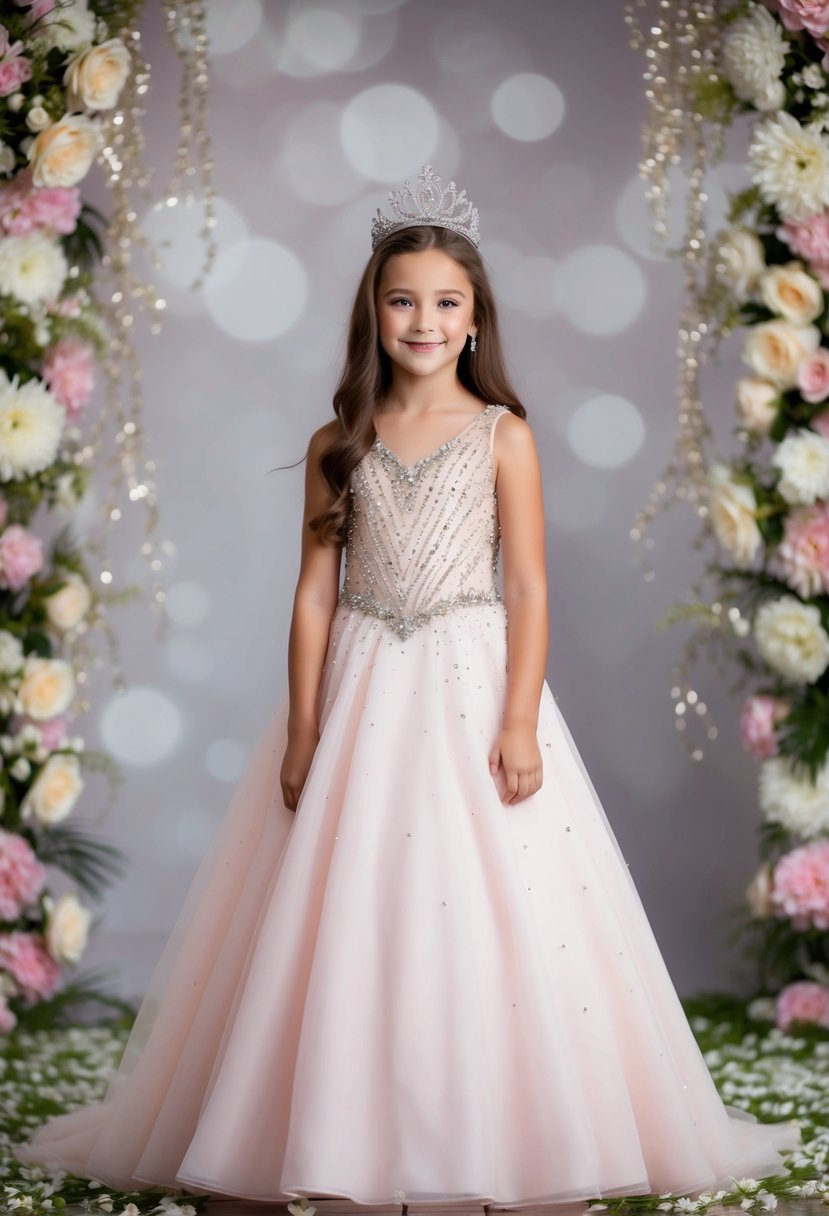 A young girl in a floor-length pageant gown, surrounded by flowers and sparkles, with a tiara on her head