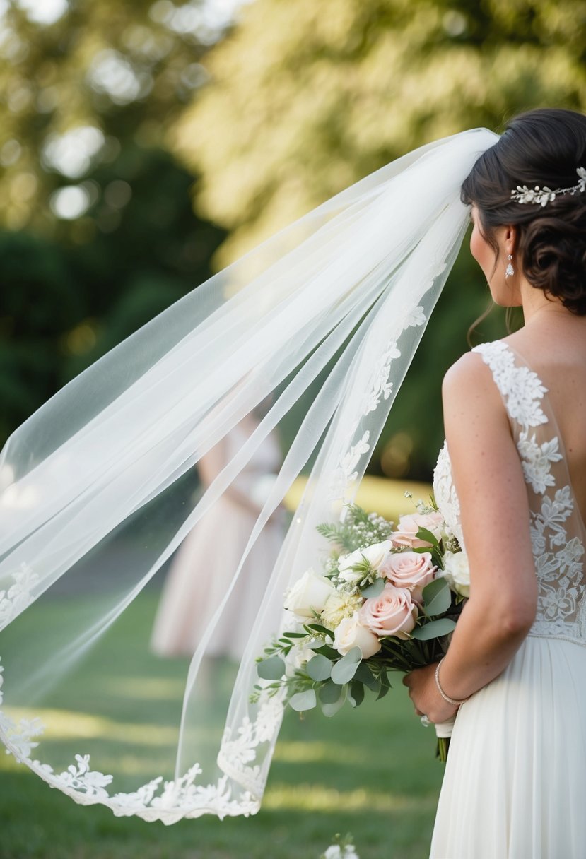 A bride's veil billows in the wind as flowers and decorations sway at an outdoor wedding