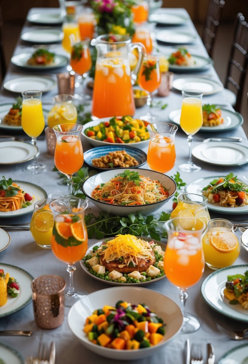 A table adorned with an array of colorful and appetizing dishes, surrounded by pitchers of refreshing drinks and elegant glassware