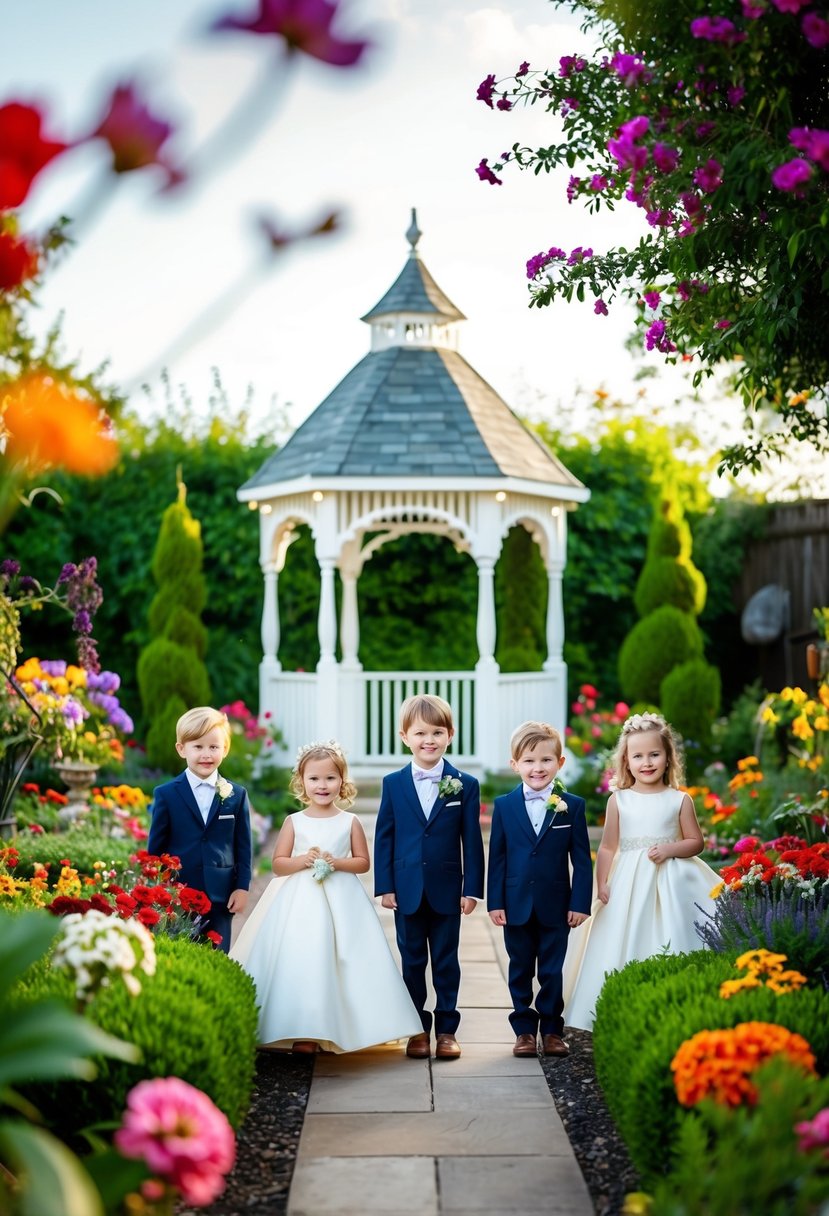 A whimsical garden setting with vibrant flowers, a charming gazebo, and children wearing elegant, yet playful wedding attire