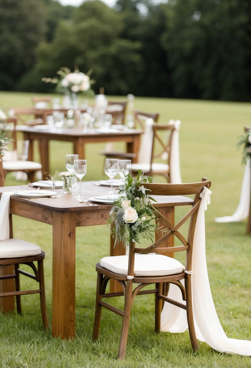 Outdoor wedding scene with sturdy wooden chairs, tables, and decor set up on a grassy field. Wind blows through the scene, causing the fabric on the chairs to flutter