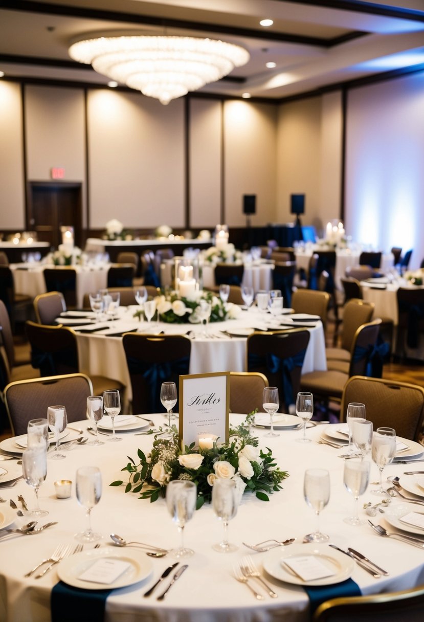 Guest tables arranged in a spacious, elegant reception hall with decorative centerpieces and place cards