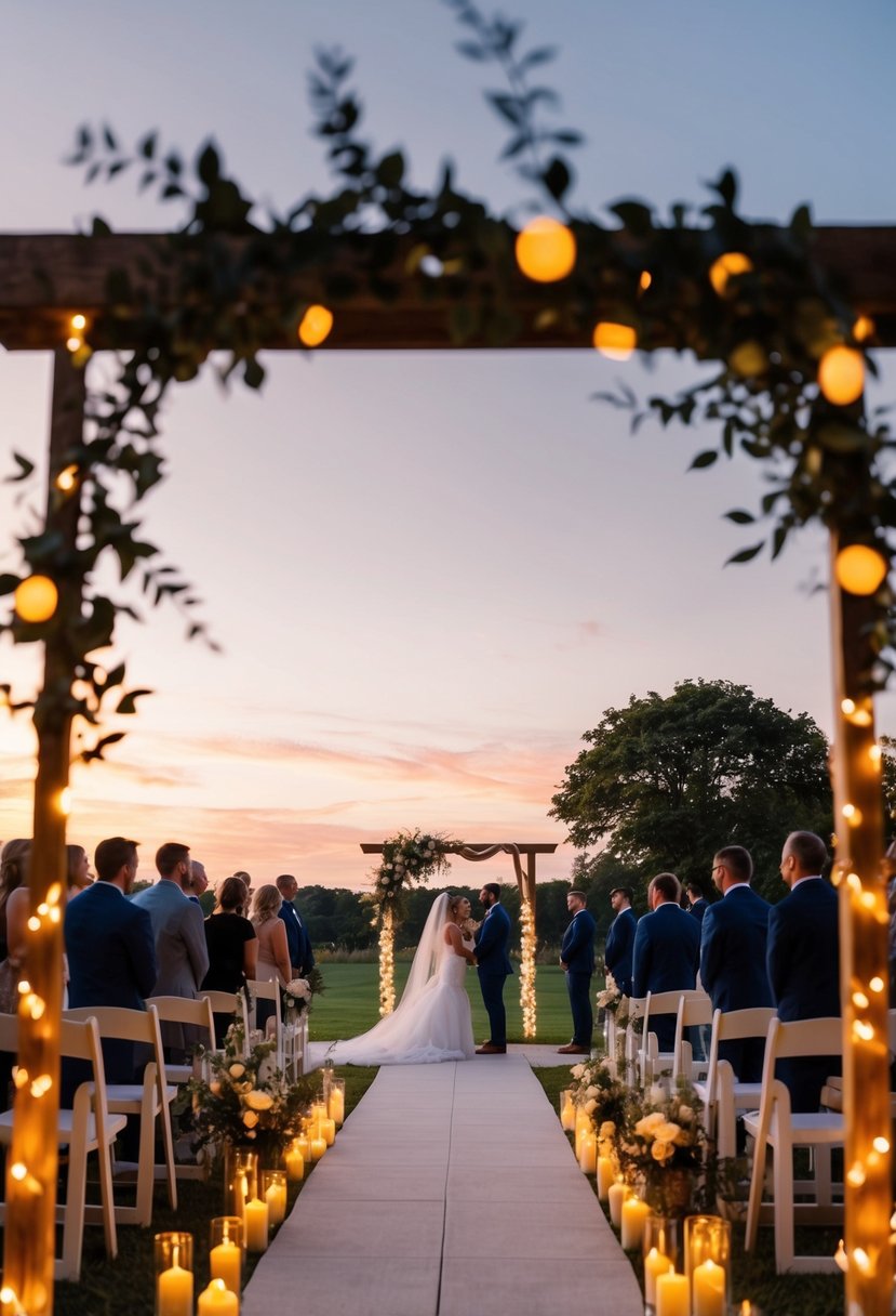 A serene outdoor wedding ceremony at sunset, with LED candles illuminating the venue as the wind gently blows through the decorations