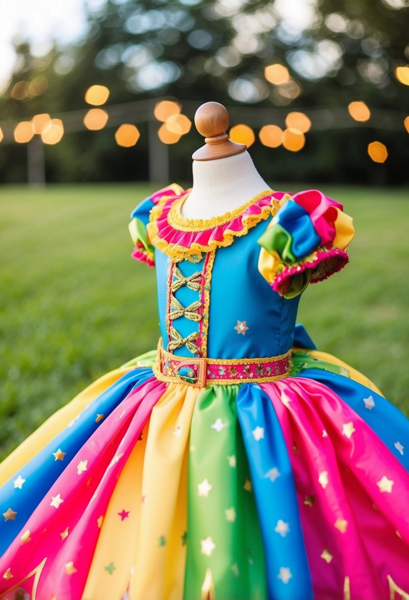 A colorful carnival dress with whimsical patterns and playful details, fit for a child's wedding attire