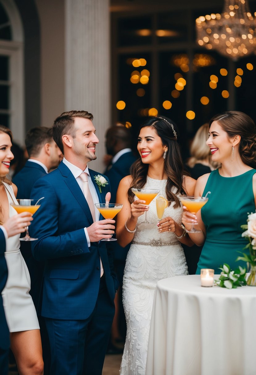 Guests enjoying cocktails at a wedding reception, mingling and chatting in a stylish and elegant setting