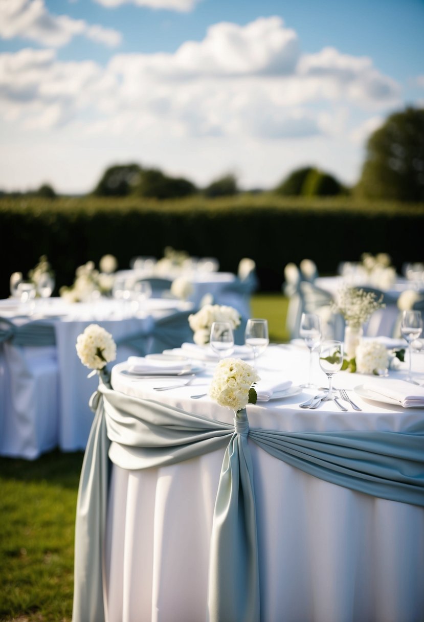 Table linens secured with elegant ties or sashes flutter in the breeze at a windy outdoor wedding