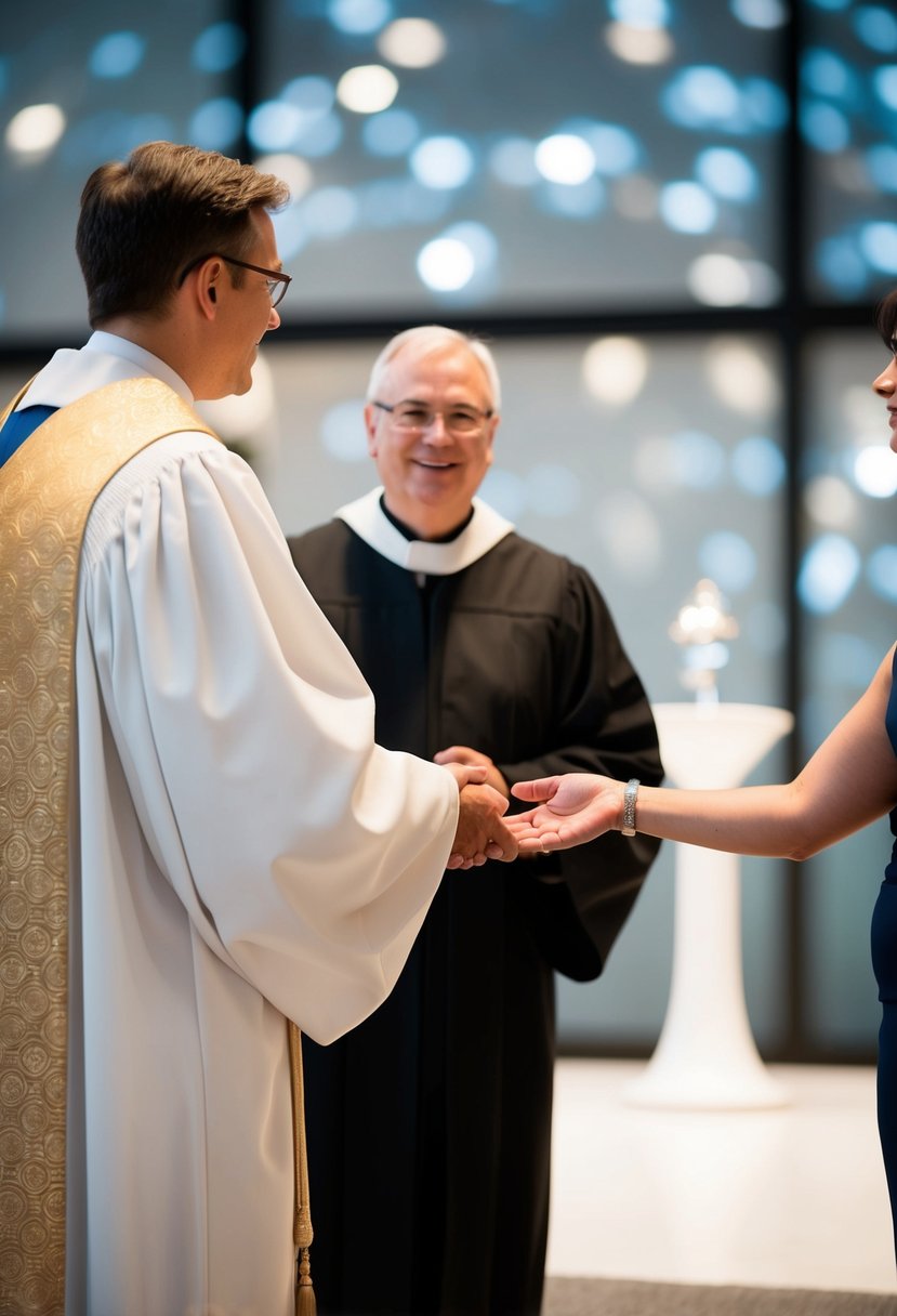 A figure approaches the officiant, extending a hand. The officiant stands with a welcoming expression, ready to offer guidance