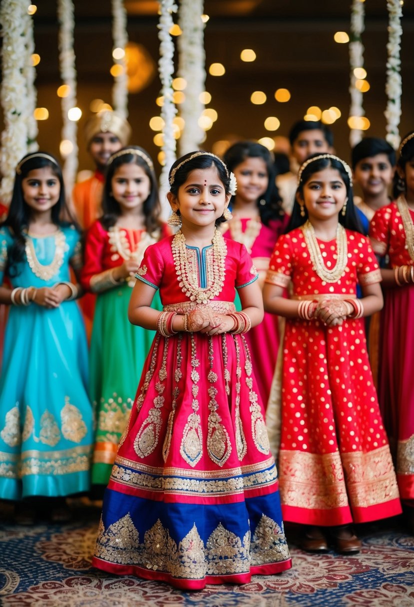 A group of children wearing colorful and ornate Anarkali dresses, standing in a festive and celebratory wedding setting