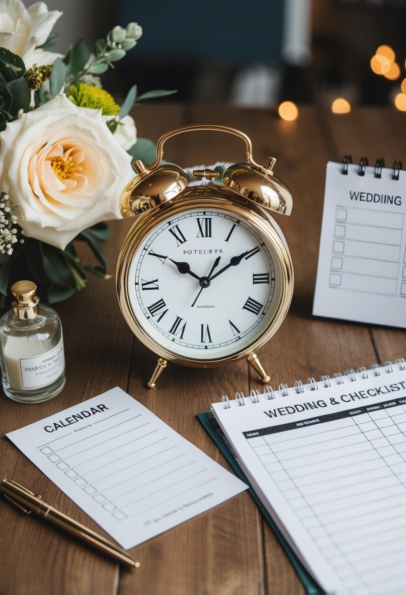 A clock with wedding-themed decor, surrounded by a calendar and checklist