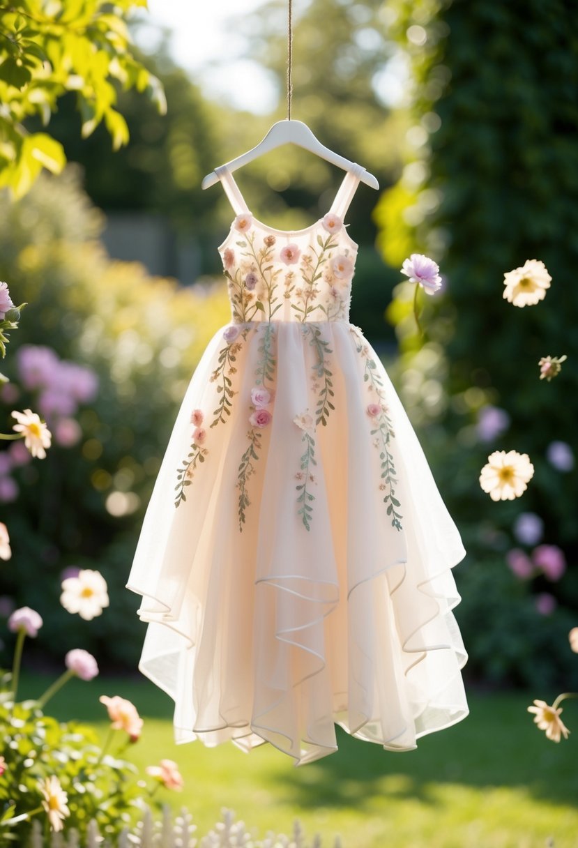 A whimsical organza dress adorned with delicate floral appliques, floating in a sunlit garden