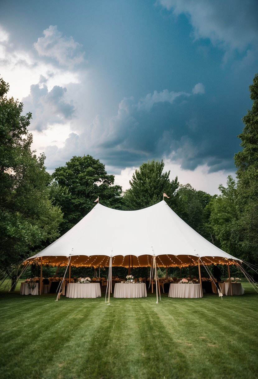 An outdoor wedding venue with a tent set up, surrounded by trees and with storm clouds in the sky