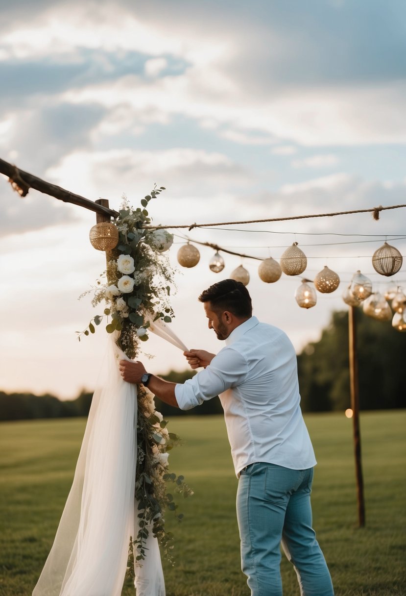 An outdoor wedding vendor secures decor against strong winds