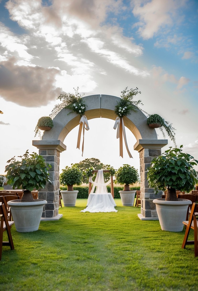 A heavy stone archway surrounded by large potted plants, anchored with weighted ribbons, stands against a gusty wind at an outdoor wedding