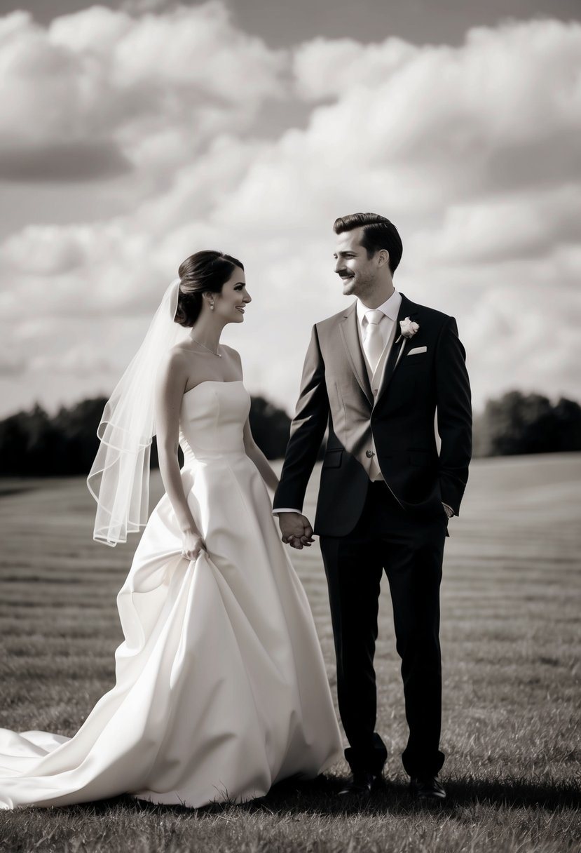 A bride and groom stand in a breezy outdoor setting, dressed in elegant and functional wedding attire. The bride's gown and veil flow gracefully in the wind, while the groom's suit remains sleek and stylish