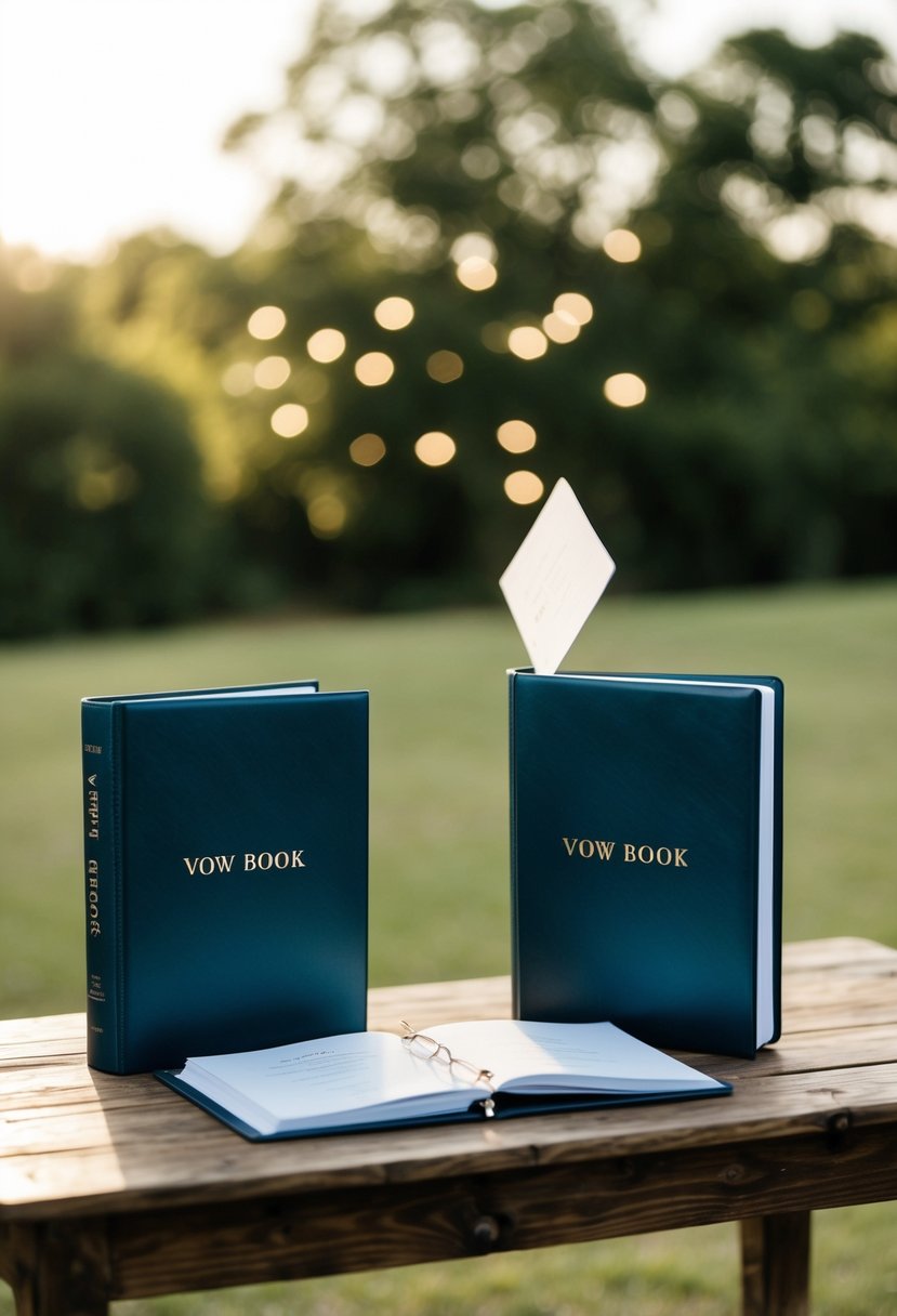 Two vow books and officiant binders sit on a rustic wooden table, with a gentle breeze causing them to flutter open at an outdoor wedding