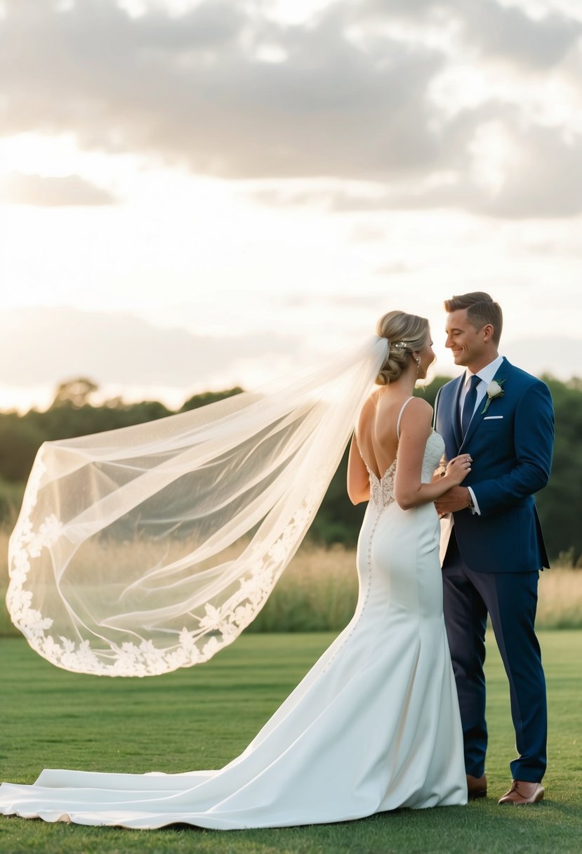 A bride's veil and train billow and flutter in the wind, gently swaying as gusts of wind sweep through an outdoor wedding ceremony