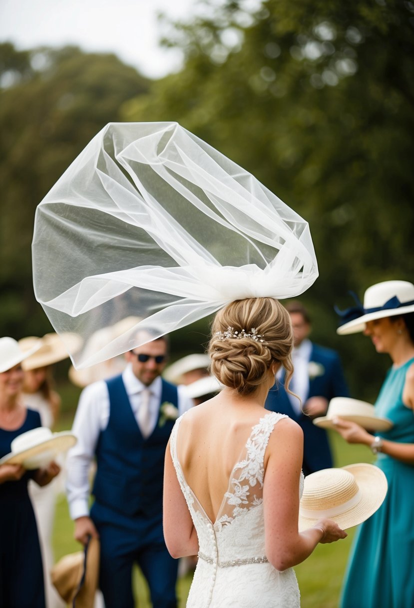 A bride's veil flies off in the wind as guests struggle to hold onto their hats at an outdoor wedding