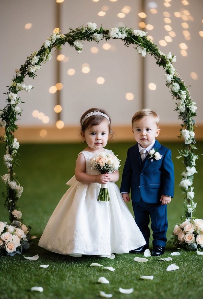 A toddler in a miniature wedding dress holds a bouquet while standing next to a tiny groom in a suit. A small flower arch and scattered petals complete the scene