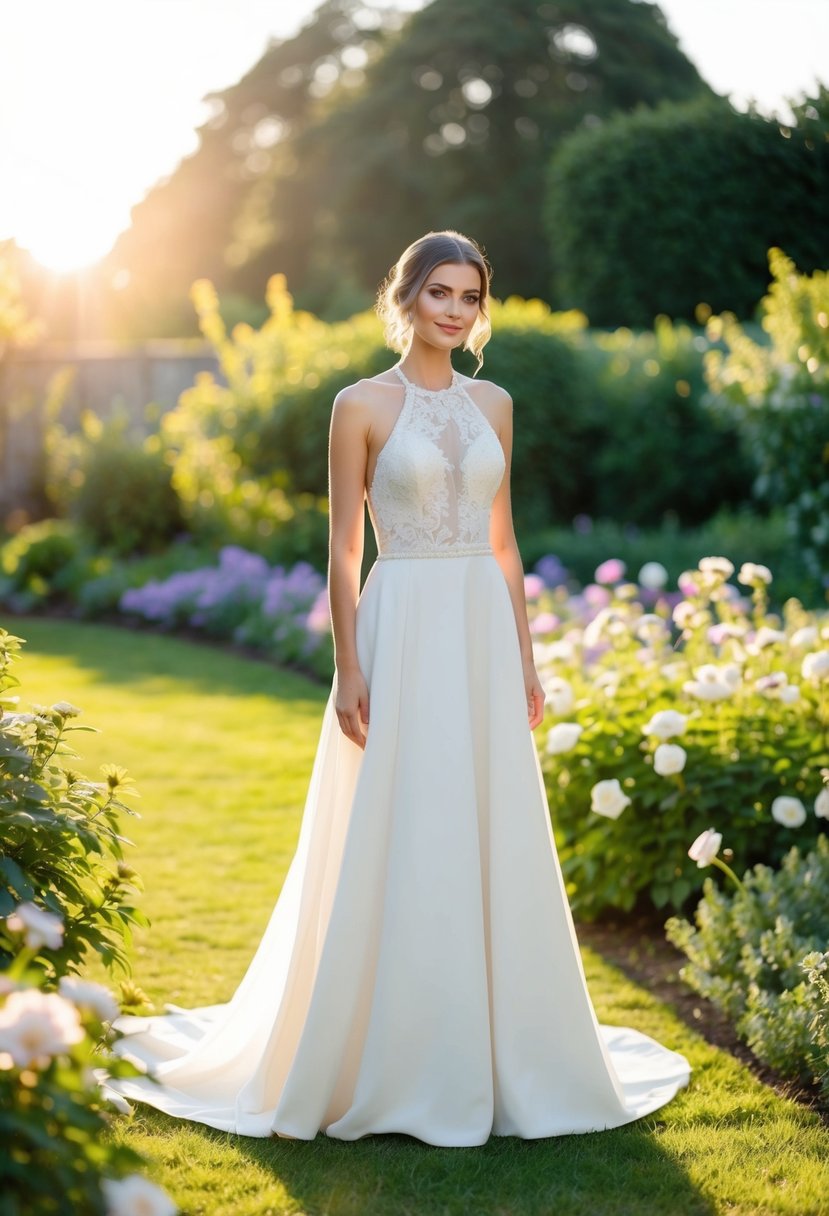 A bride in a halter top wedding dress stands in a garden, surrounded by blooming flowers and greenery, with the sun casting a warm glow on her