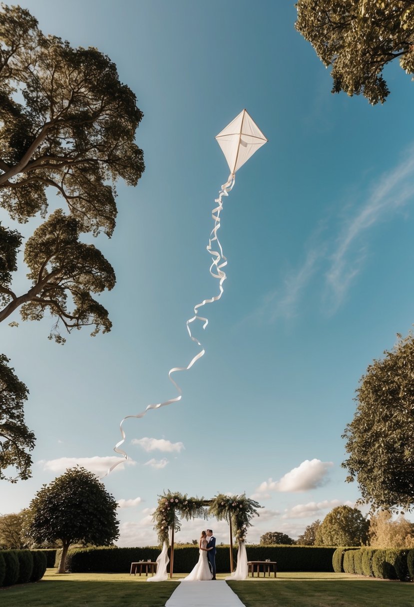 An outdoor wedding venue with fluttering ribbons, swaying trees, and a kite flying high in the sky