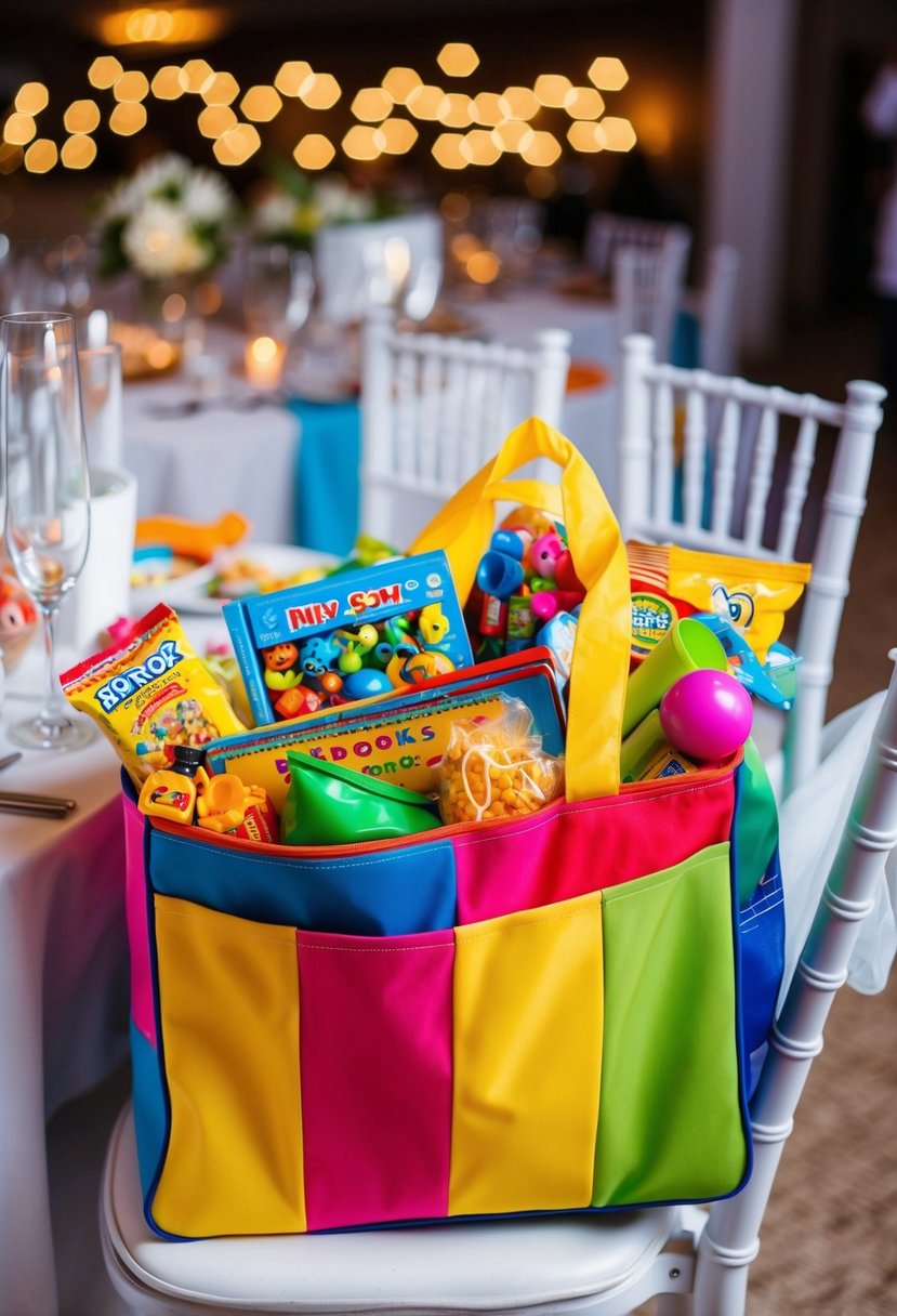 A colorful bag filled with toys, books, and snacks sits on a chair at a wedding reception