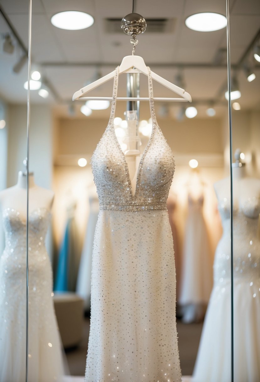 A sparkling rhinestone halter dress hangs on a mannequin in a luxurious bridal boutique, catching the light and exuding glamour