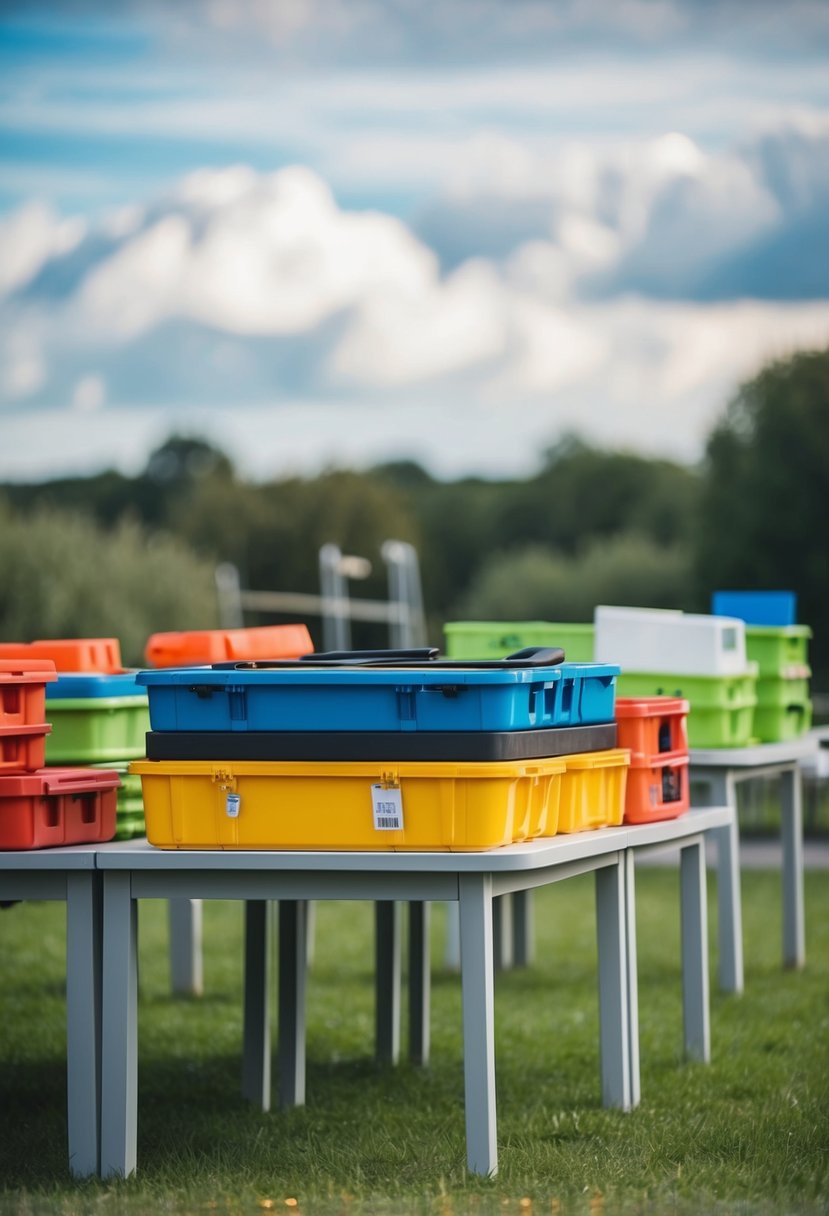 Heavy items placed on tables outdoors to prevent movement in windy conditions