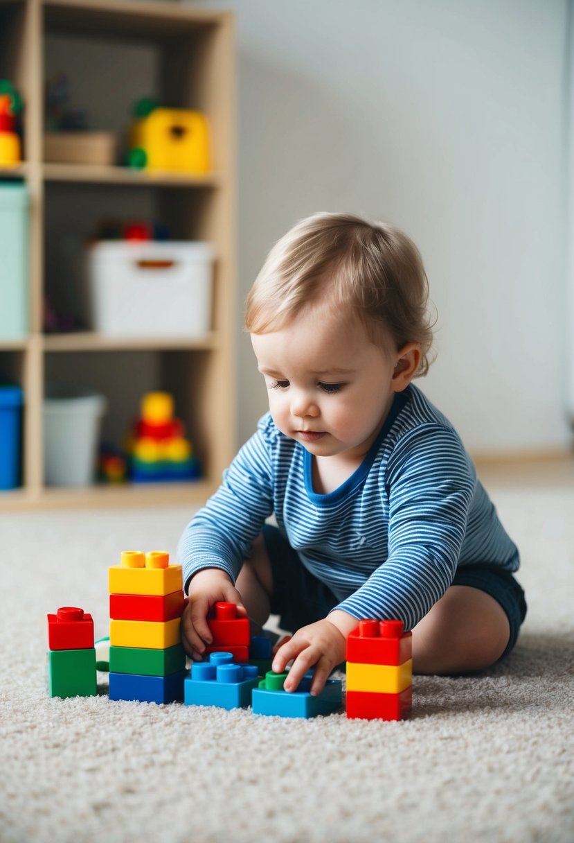 A toddler quietly playing with building blocks on a clean, organized carpeted floor